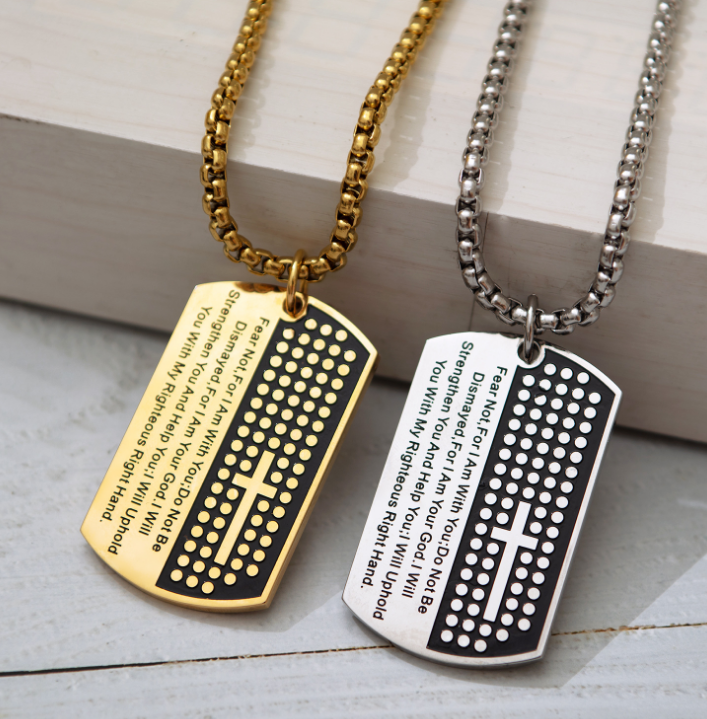 Dog Tag Cross Necklaces & Pendant Gold Color Stainless Steel Chain Bible Verse Christian Jewelry Gift For Men - One Red Hill